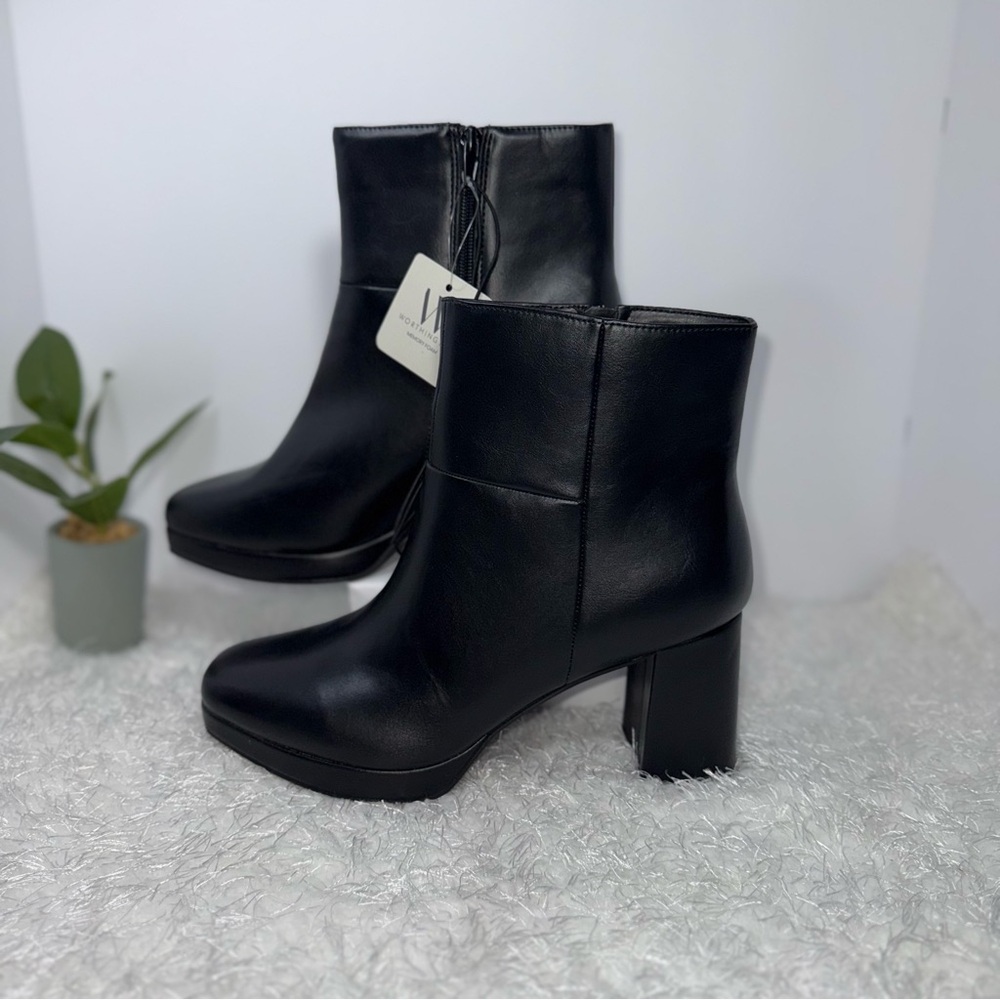 Worthington Women's Black Faux Leather Square Toe Block Heel Ankle Boots Size 10